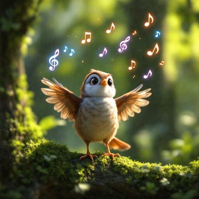 The image features a small bird perched on a tree branch. The bird is surrounded by a lush green forest, creating a serene and natural atmosphere. The bird appears to be a cartoon or digital illustration, giving it a whimsical and playful appearance. The primary subject of the image is the bird, and the setting is a forest filled with greenery.